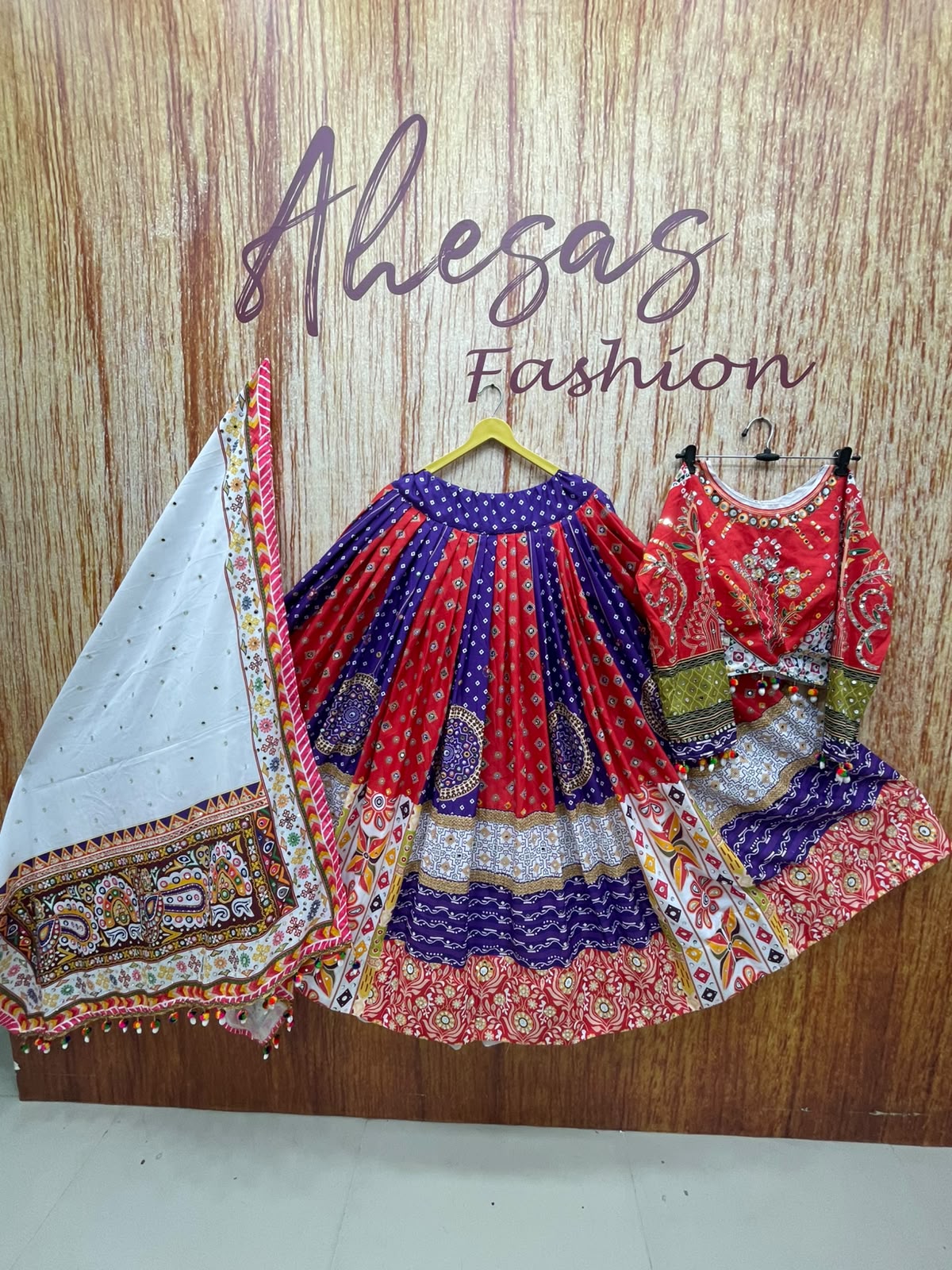 Multi Mirror Work Muslin Nvaratri Lehenga Choli