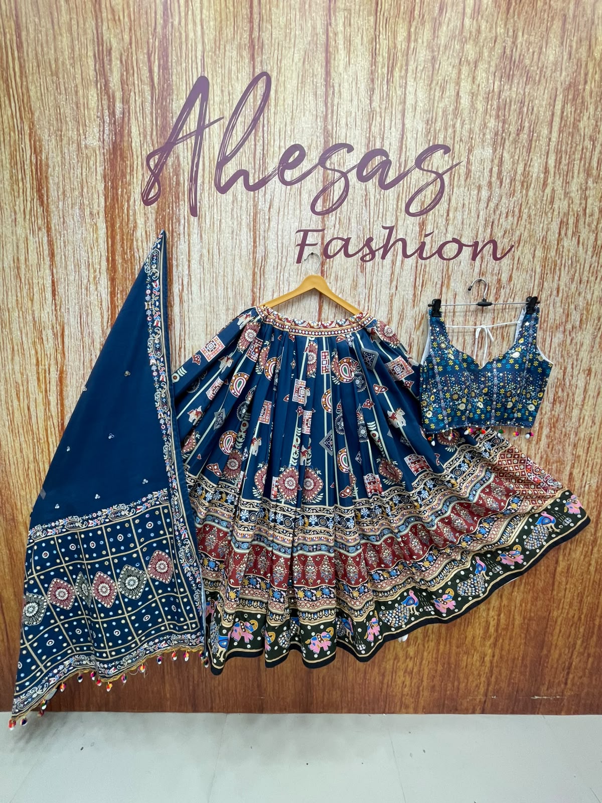 Blue Digital Printed Real Mirror Work Navratri Lehenga Choli