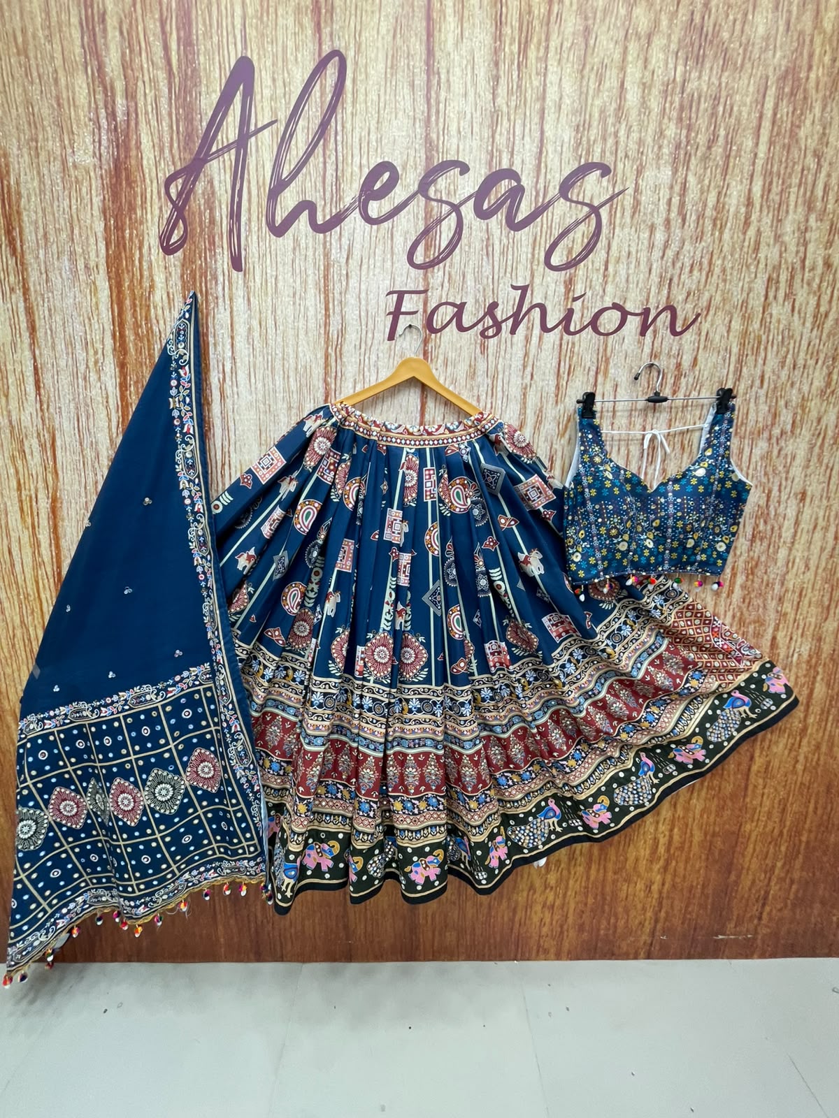 Blue Mirror Work Digital Printed Navratri Lehenga for Women