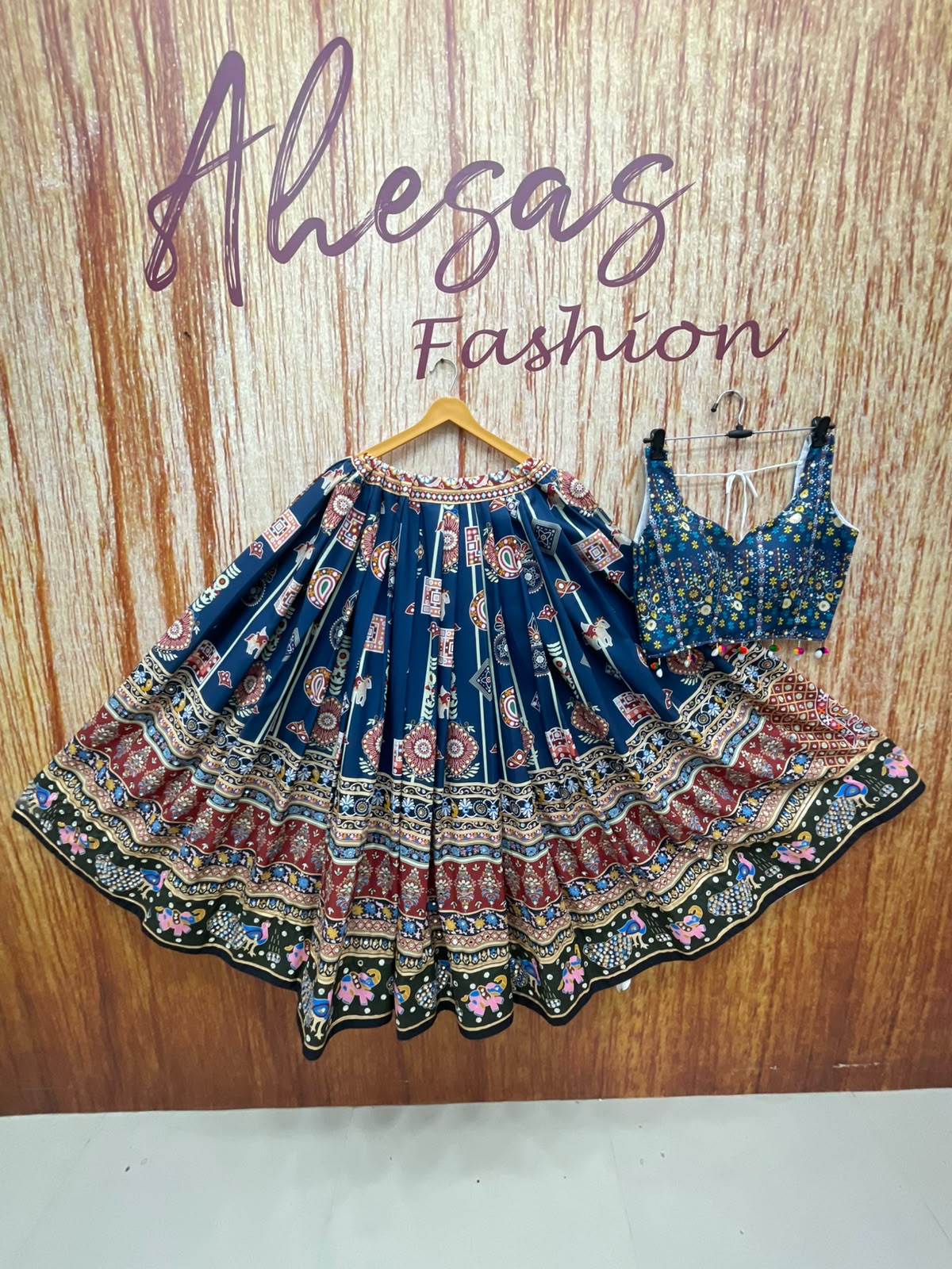 Blue Mirror Work Digital Printed Navratri Lehenga for Women