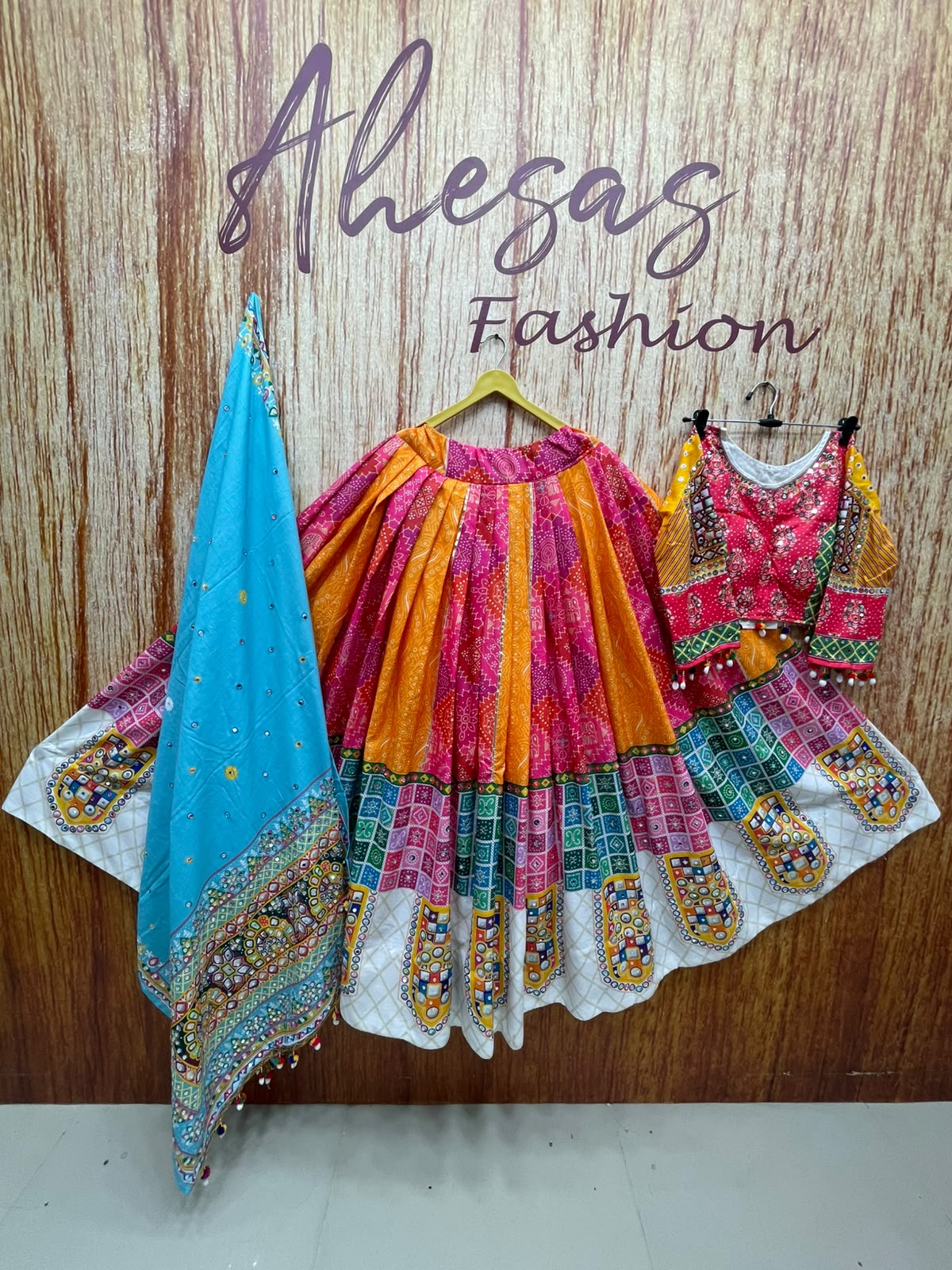 Pink - Orange Mirror Work Navratri Lehenga Choli