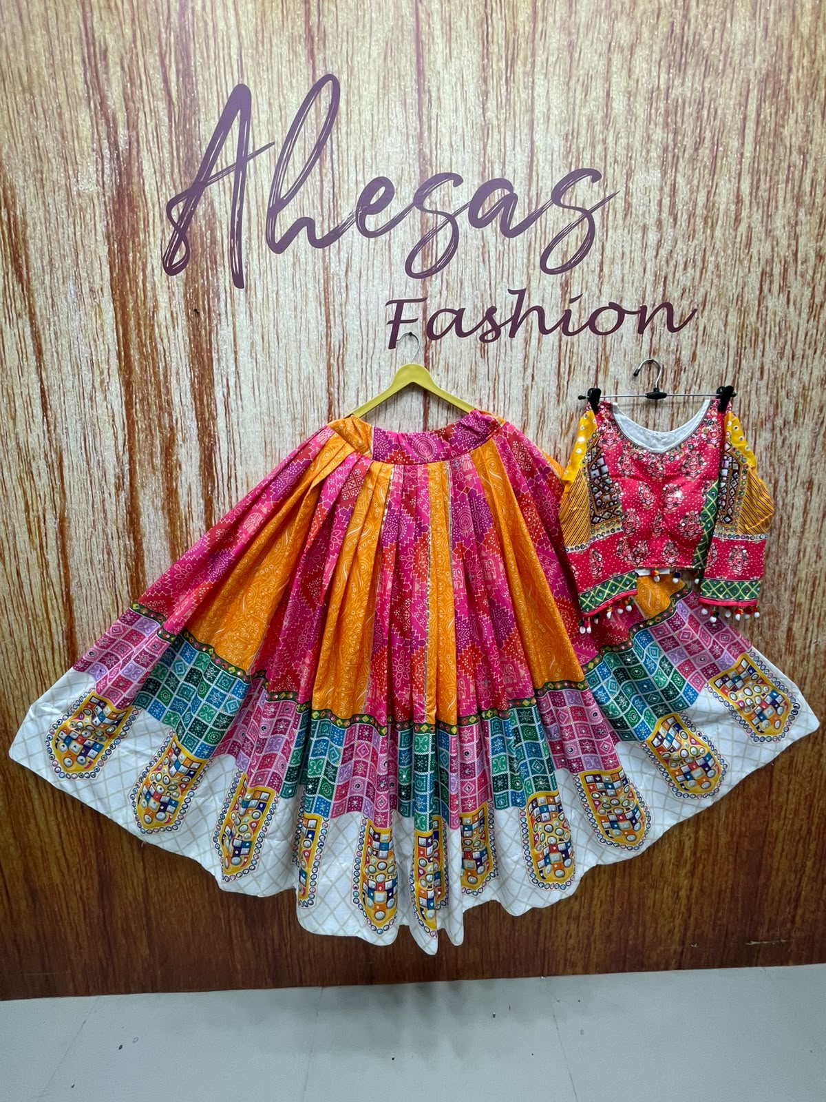 Pink - Orange Mirror Work Navratri Lehenga Choli