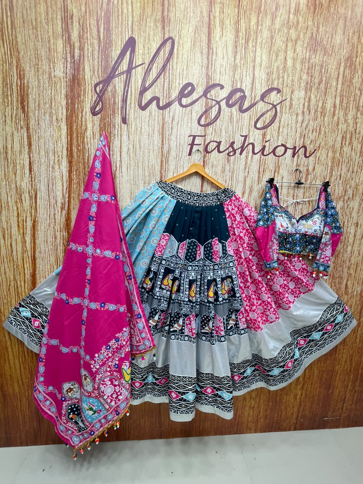 Pink - Dark Green Digital Printed Mirror Work Navratri Lehenga Choli