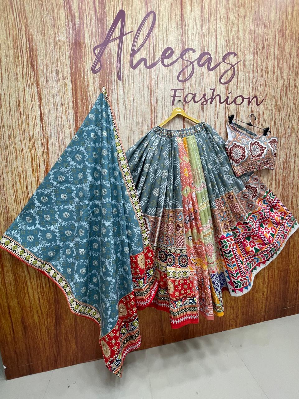 Gray Mirror Work Digital Printed Navratri Lehenga Choli