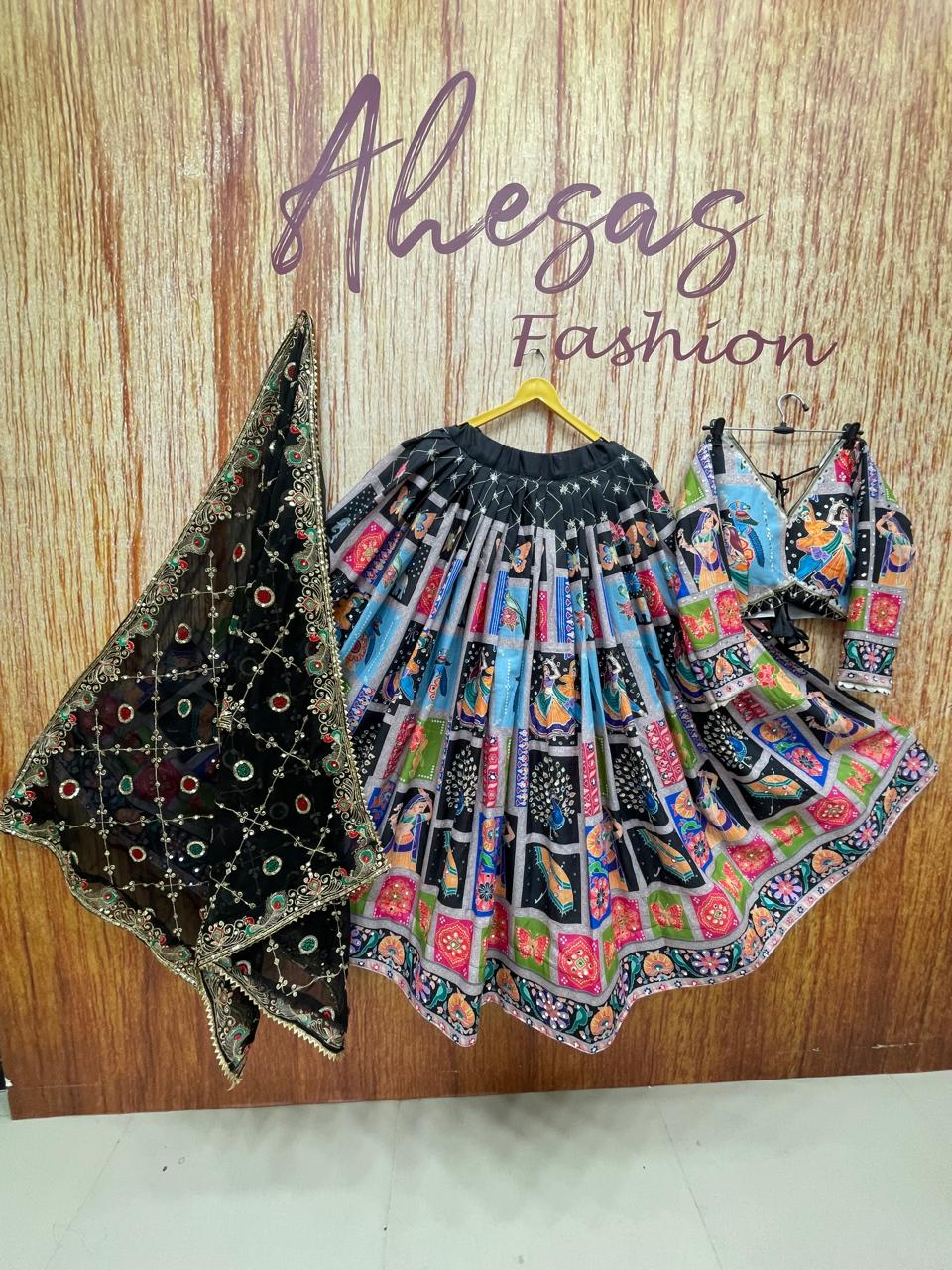 Black Color Digital Printed Mirror Work Navratri Lehenga Choli