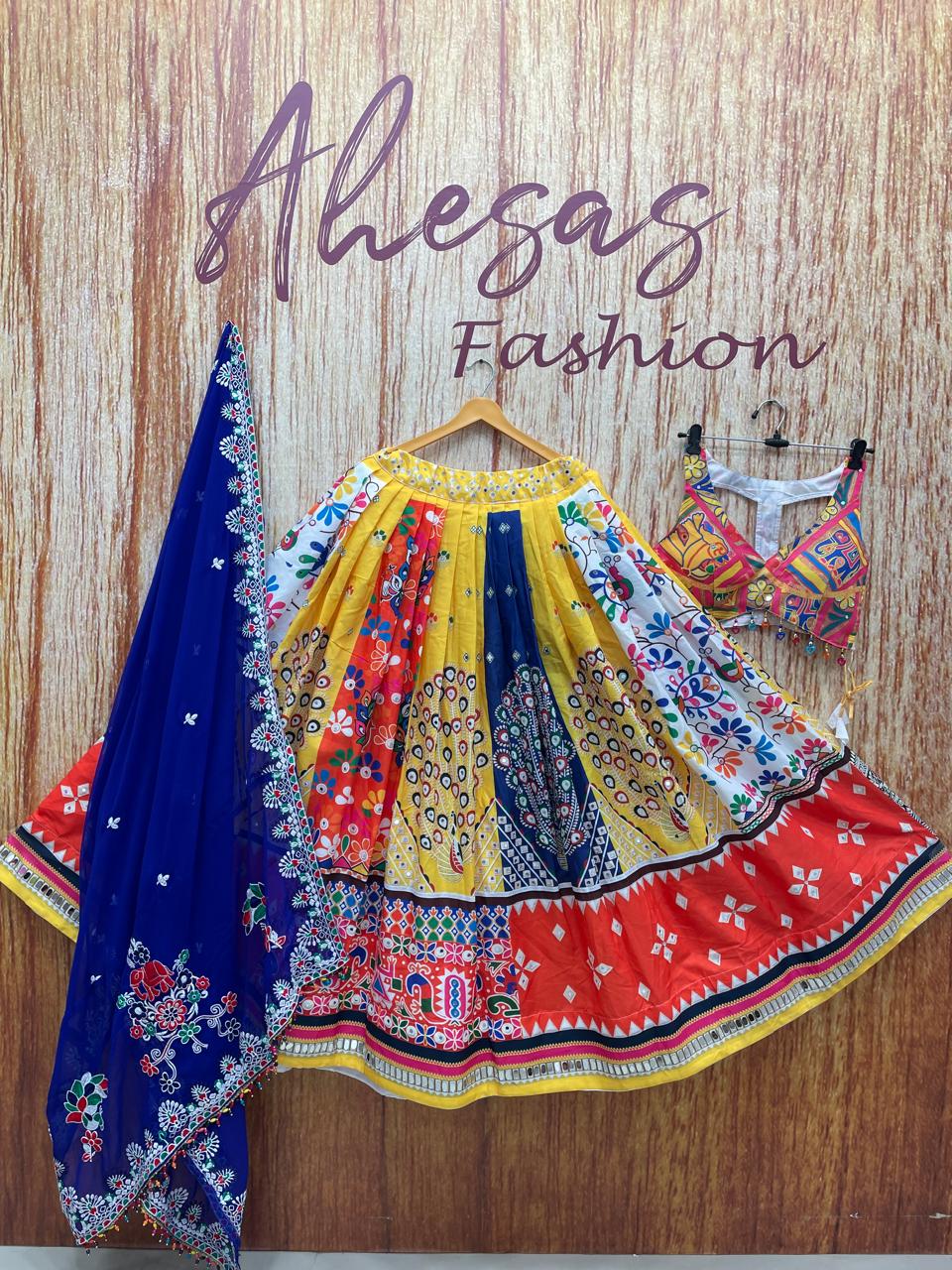 Yellow Peacock Printed Mirror Work Navratri Lehenga Choli