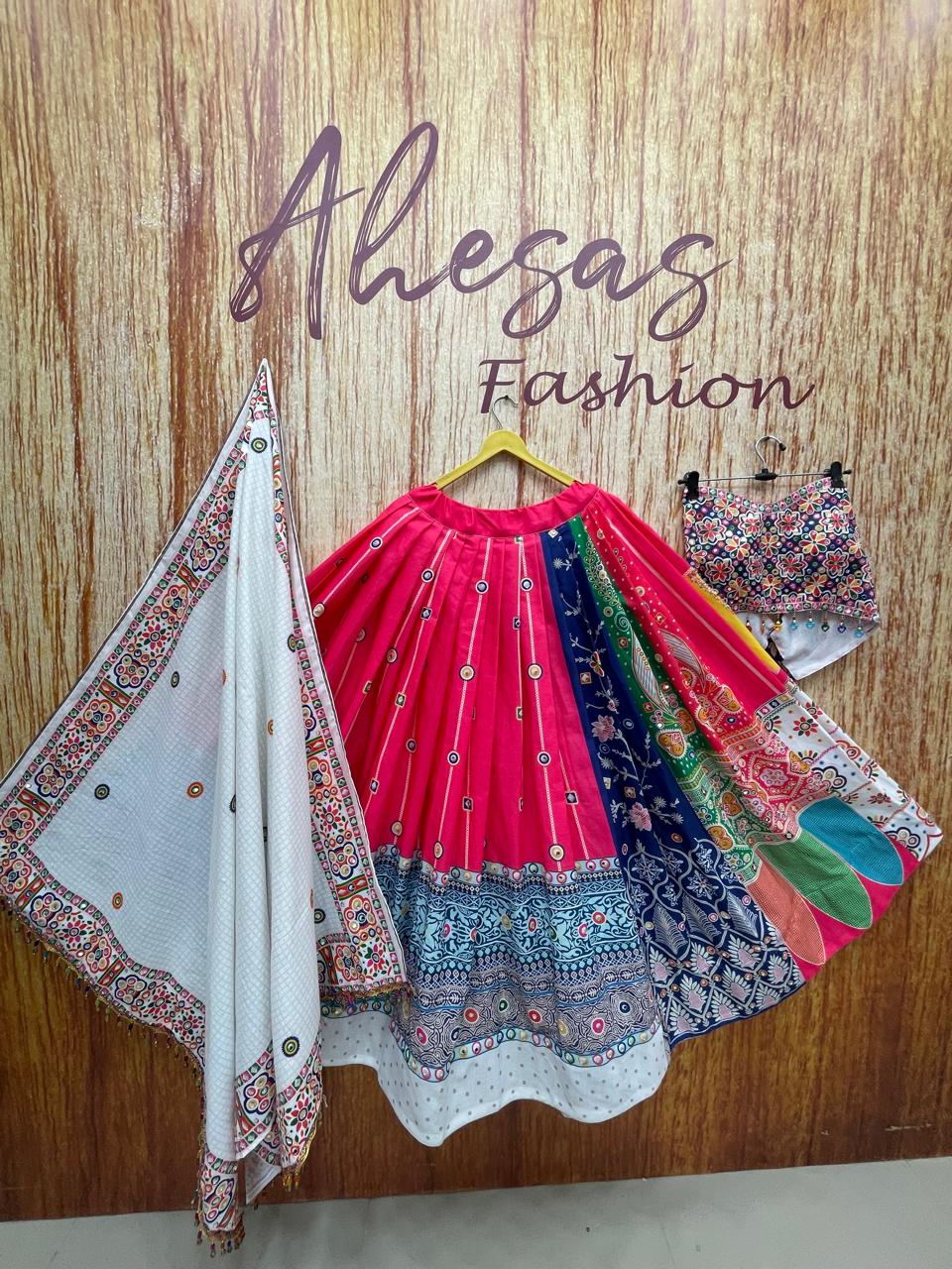 Pink Mirror Work Digital Printed Navratri Lehenga Choli