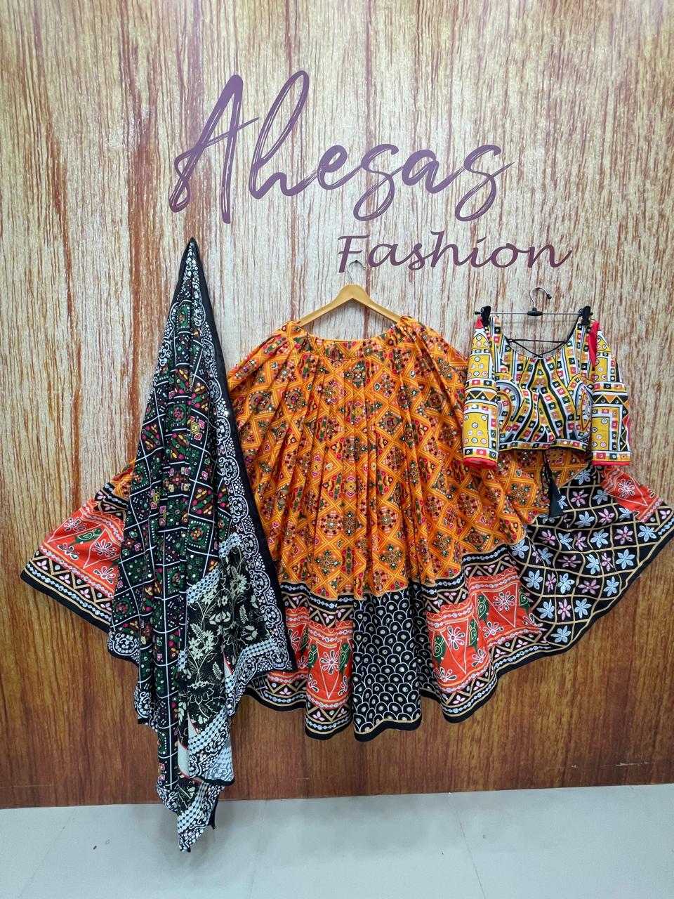 Musterd Yellow Mirror Work Printed Navratri Lehenga Choli