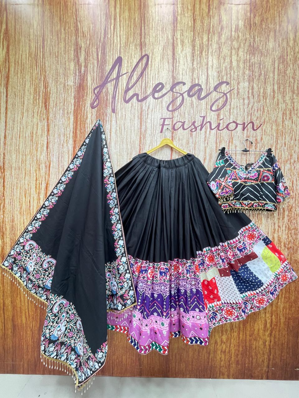 Black Mirror Work Digital Printed Navratri Lehenga Choli