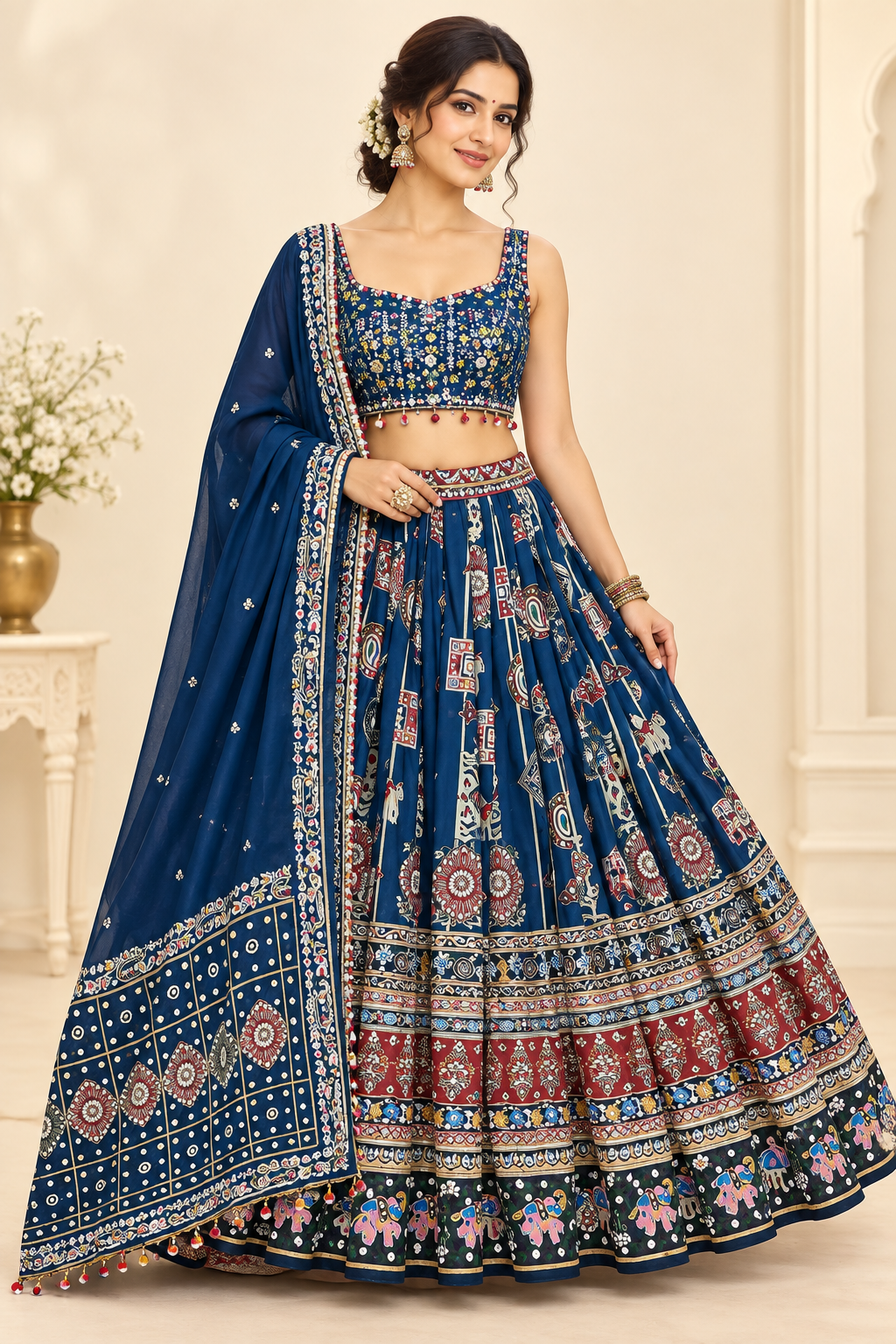 Blue Mirror Work Digital Printed Navratri Lehenga for Women