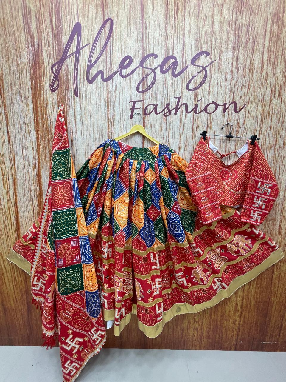 Multi Bandhej Print Mirror Work Navratri Lehenga Choli