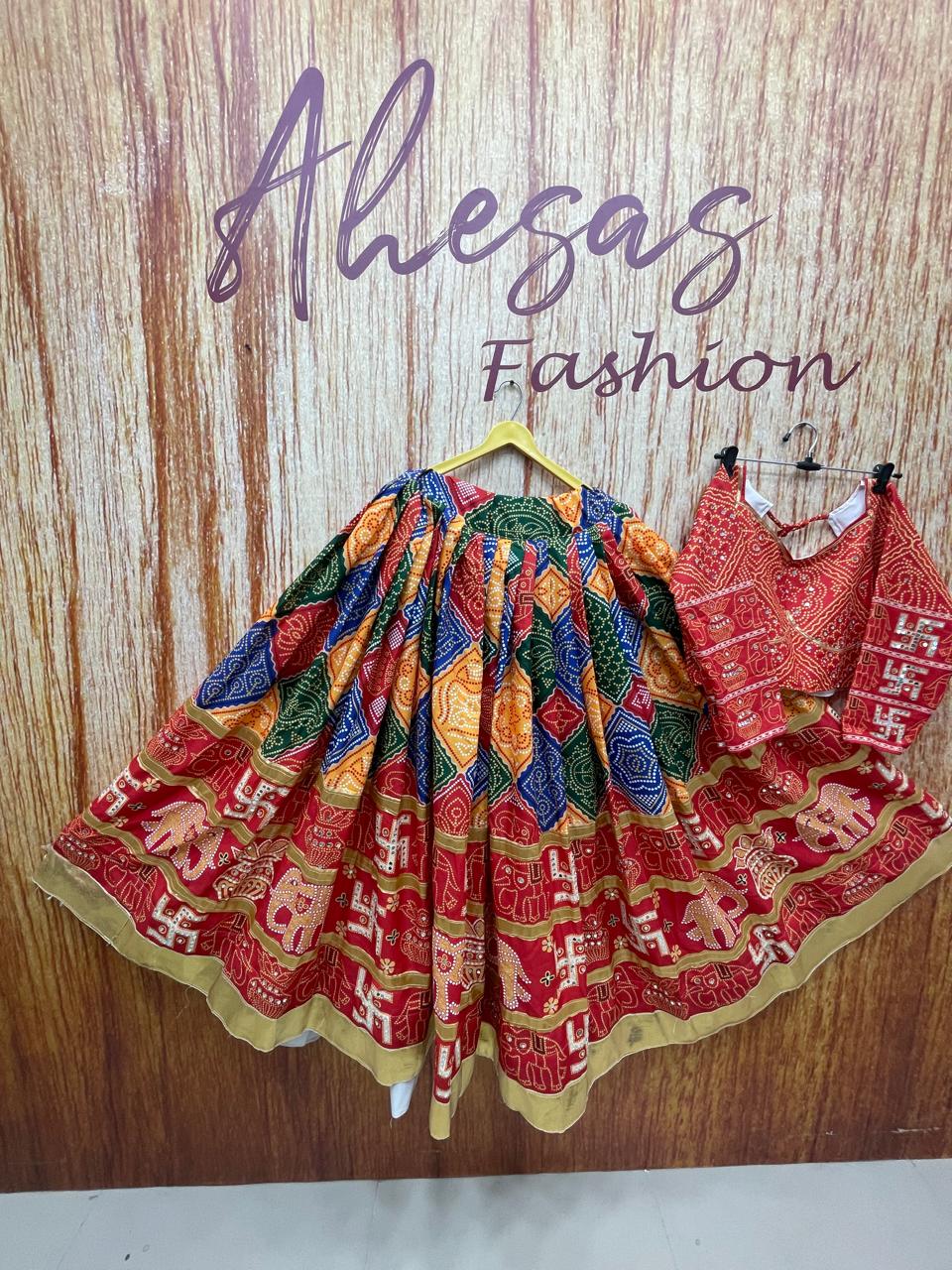 Multi Bandhej Print Mirror Work Navratri Lehenga Choli