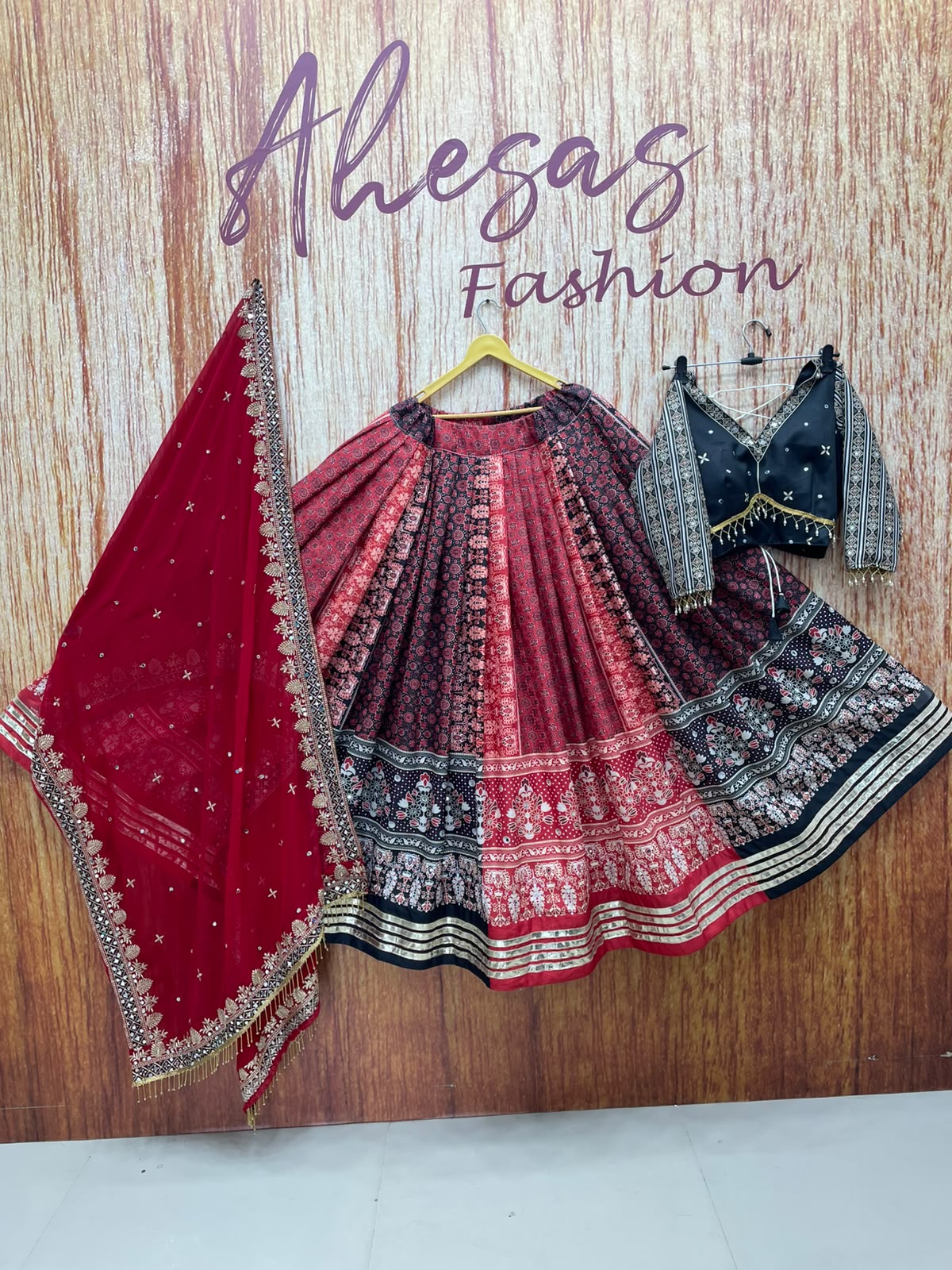 Red Digital Print Mirror Work Cotton Navratri Lehenga Choli