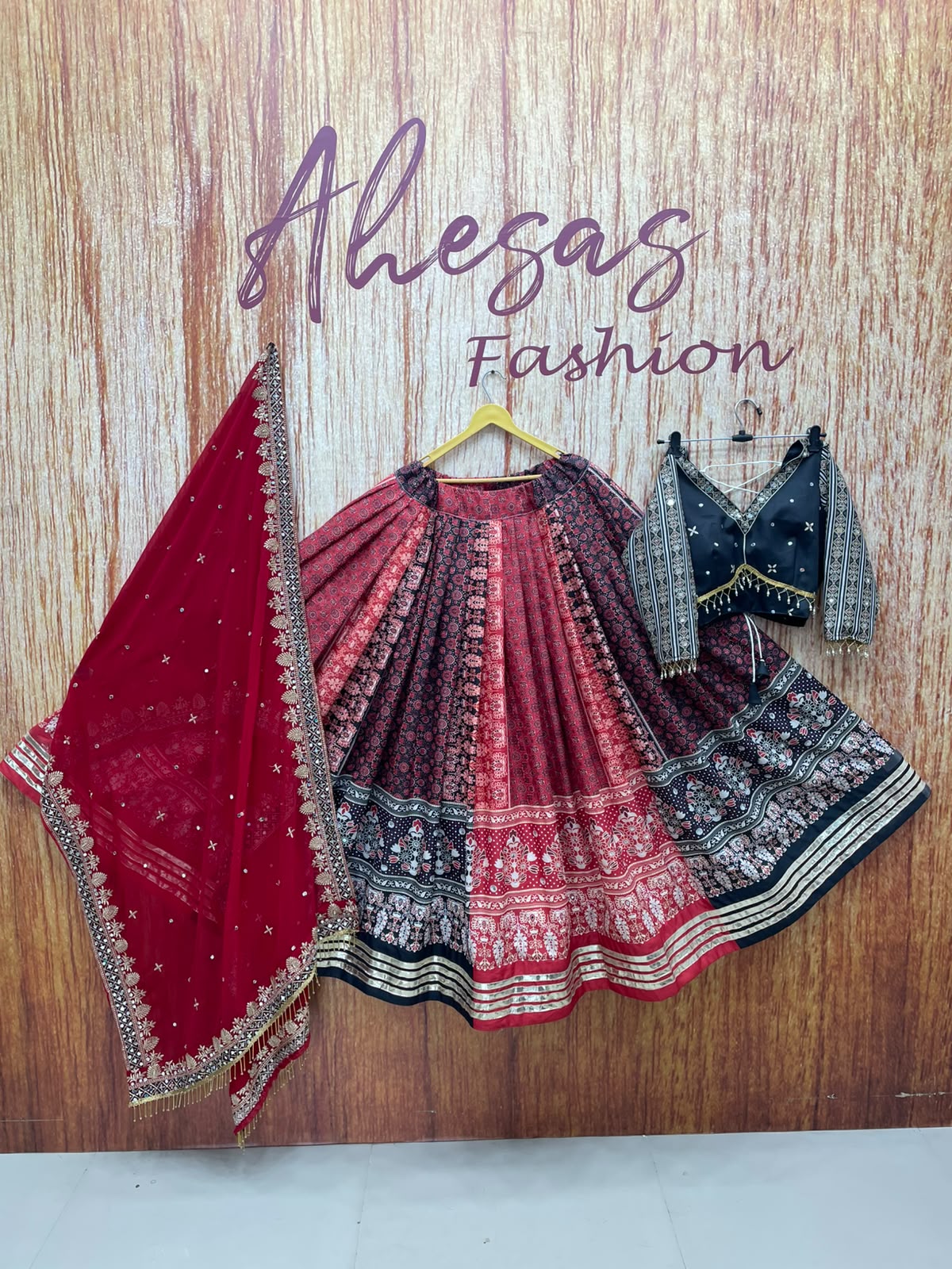 Red Digital Print Mirror Work Cotton Navratri Lehenga Choli