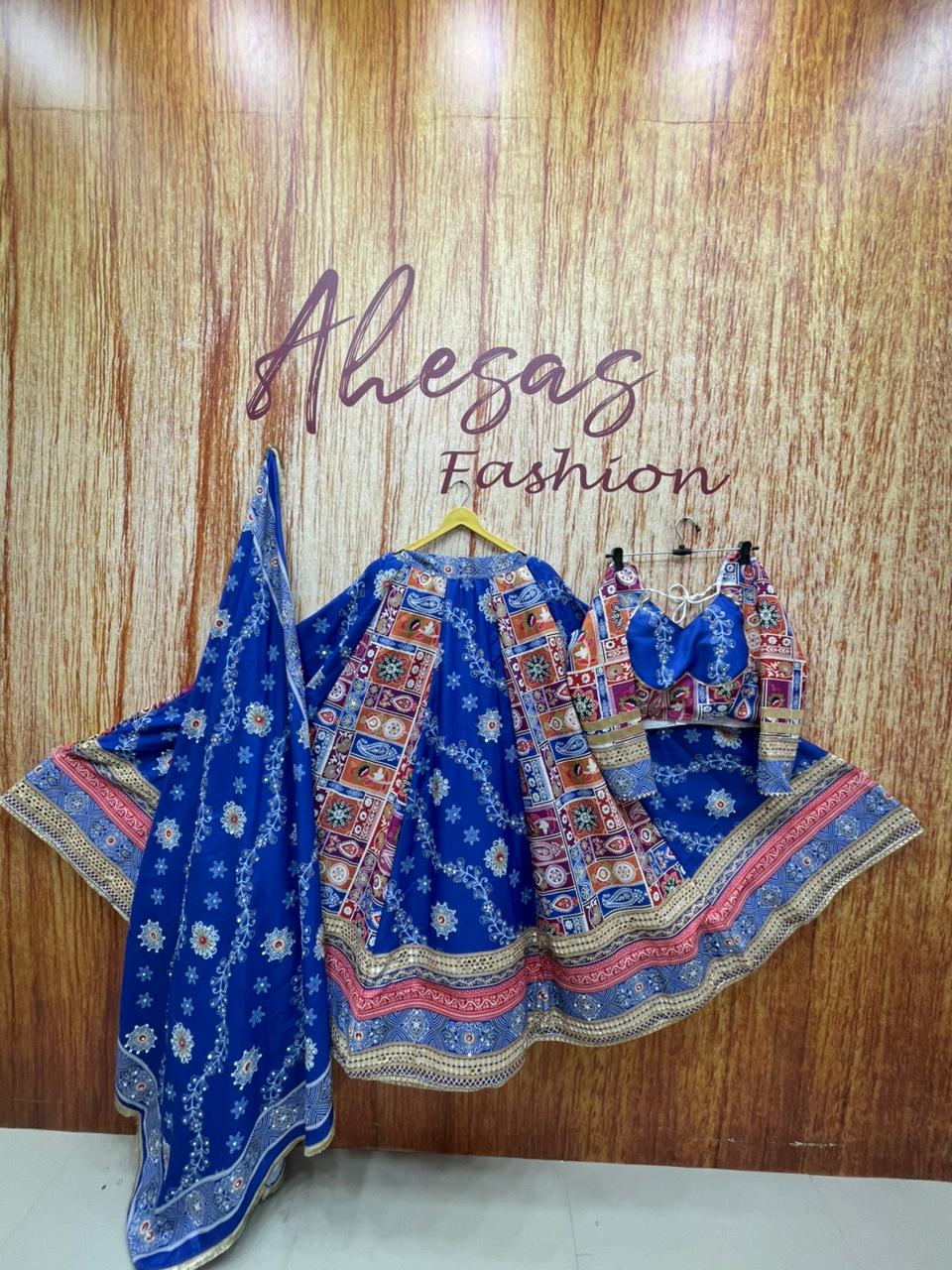 Blue Mirror Work Megic Navratri Lehenga Choli.