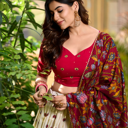 White Color Tussar Silk Printed Gorgeous Lehenga Choli Set