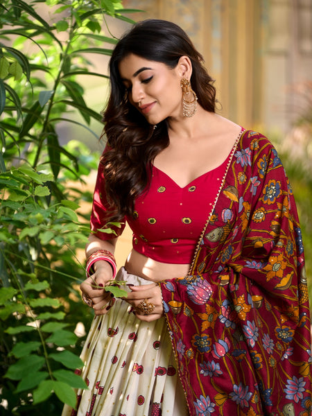 White Color Tussar Silk Printed Gorgeous Lehenga Choli Set