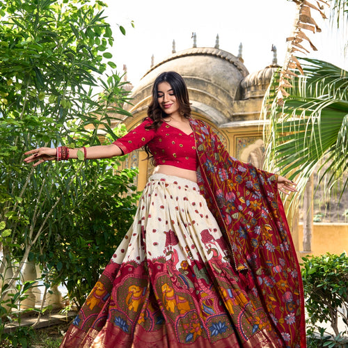 White Color Tussar Silk Printed Gorgeous Lehenga Choli Set