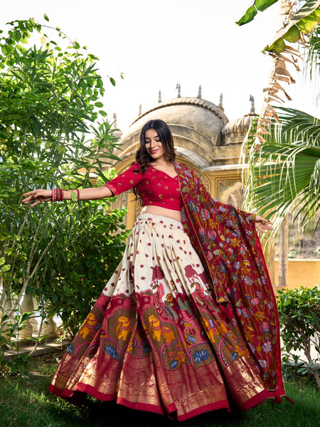 White Color Tussar Silk Printed Gorgeous Lehenga Choli Set