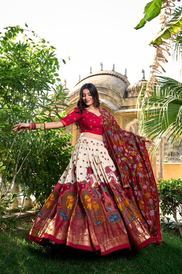 White Color Tussar Silk Printed Gorgeous Lehenga Choli Set