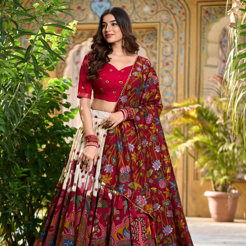 White Color Tussar Silk Printed Gorgeous Lehenga Choli Set