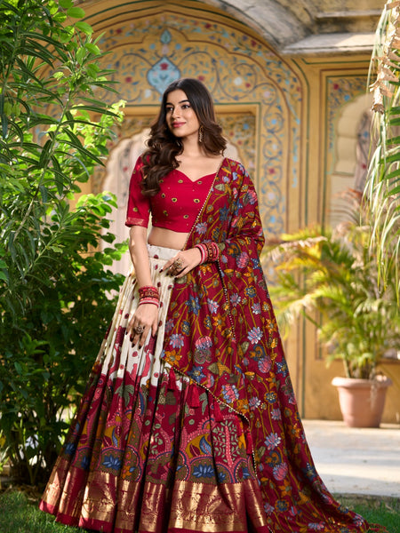 White Color Tussar Silk Printed Gorgeous Lehenga Choli Set