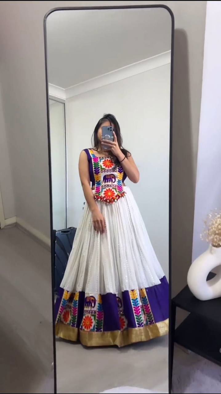 White Color Cotton Gamthi Work Navratri Designer Lehenga Choli - Ahesas