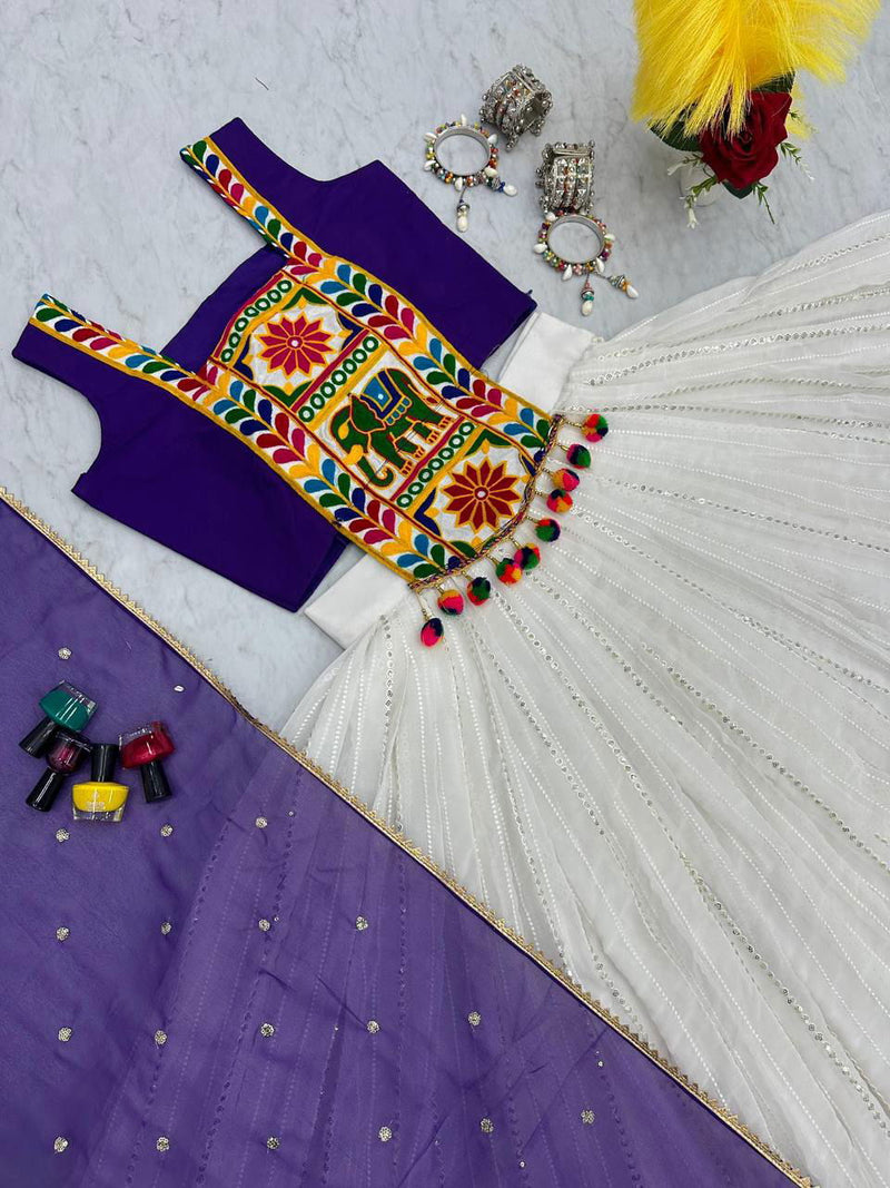 White Color Cotton Gamthi Work Navratri Designer Lehenga Choli - Ahesas