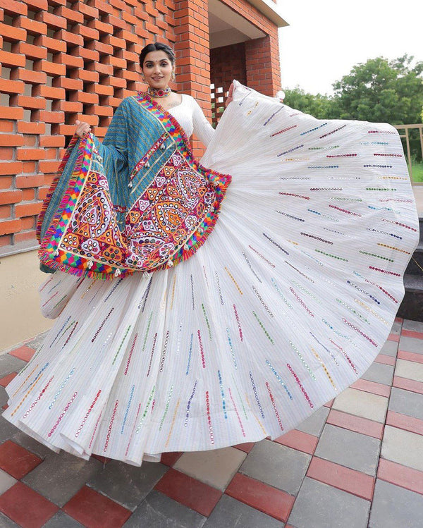 White Color Crepe With Printed Lehenga Set With Real Mirror Work Choli - Ahesas