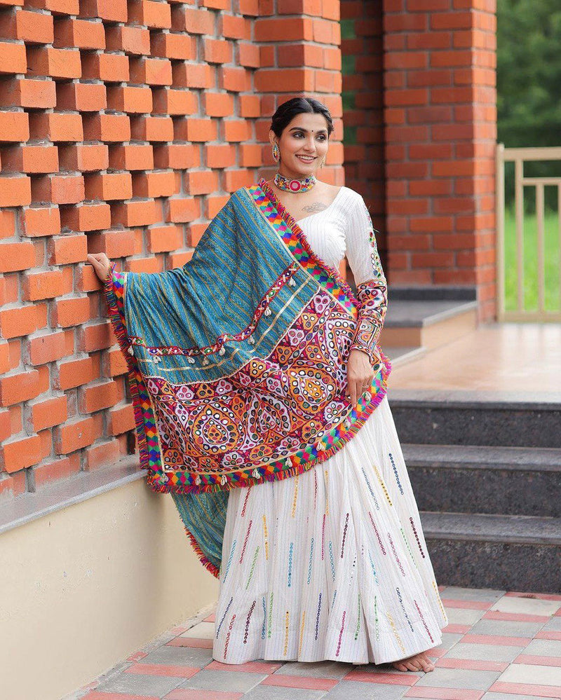 White Color Crepe With Printed Lehenga Set With Real Mirror Work Choli - Ahesas