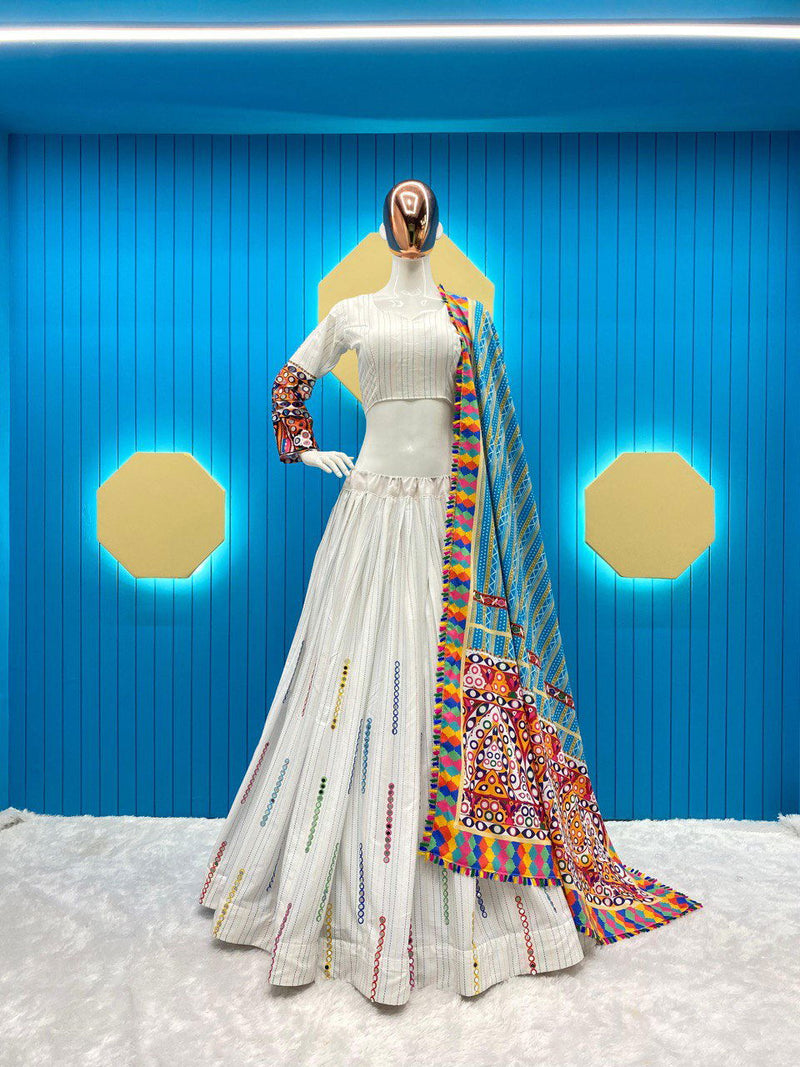 White Color Crepe With Printed Lehenga Set With Real Mirror Work Choli - Ahesas
