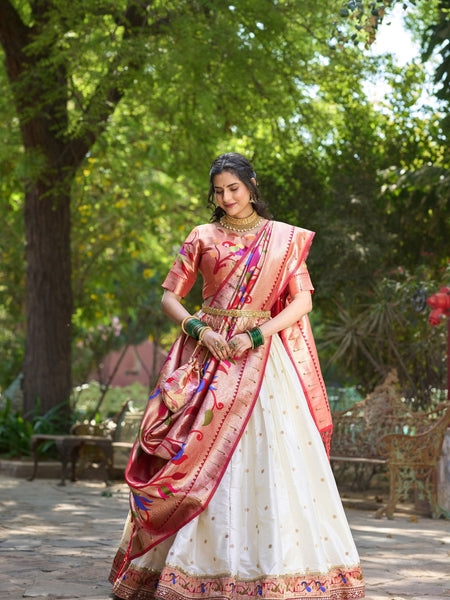 White Color Jacquard Silk Paithani Lehenga With Zari Work Lehenga Choli Set - Ahesas