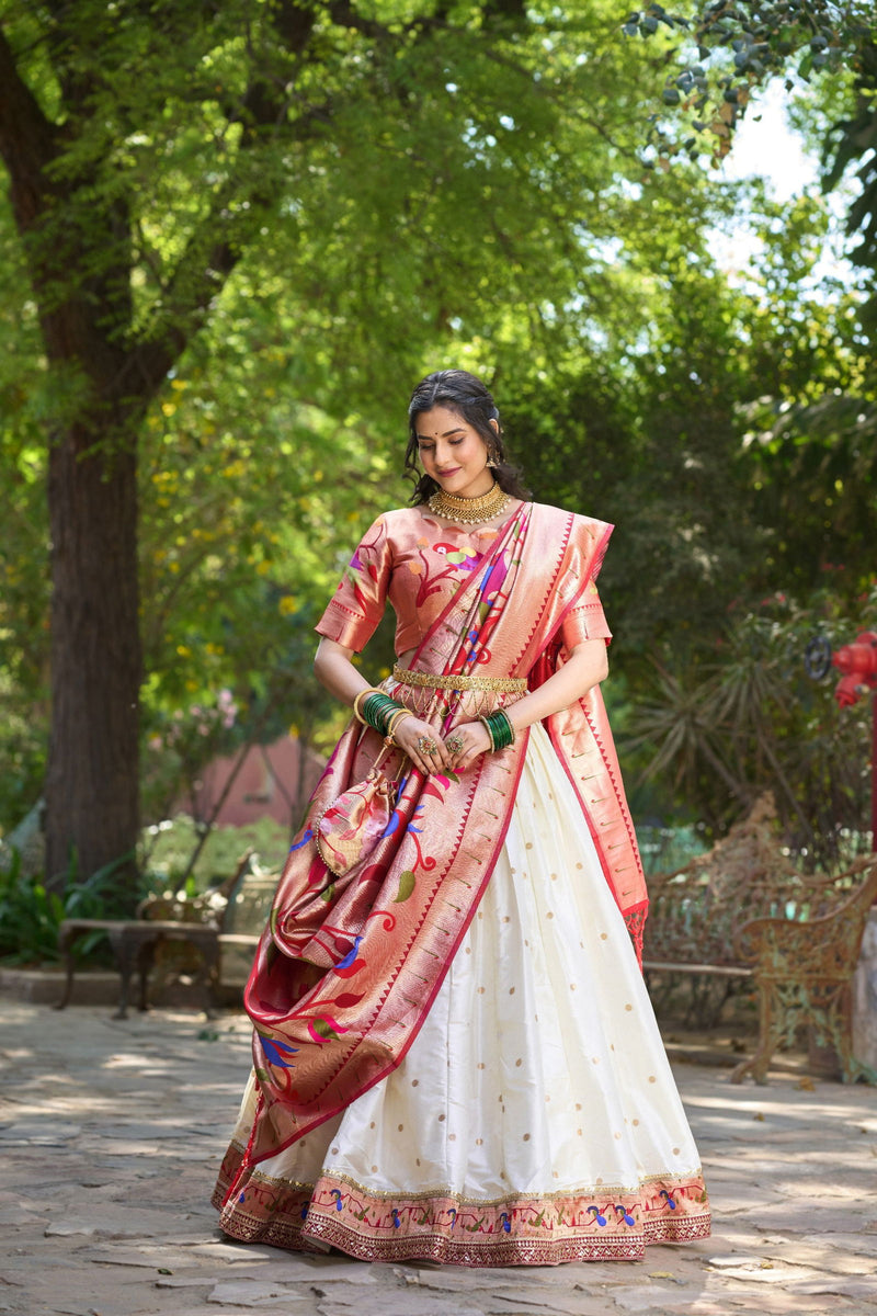 White Color Jacquard Silk Paithani Lehenga With Zari Work Lehenga Choli Set - Ahesas