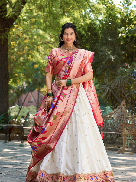 White Color Jacquard Silk Paithani Lehenga With Zari Work Lehenga Choli Set - Ahesas