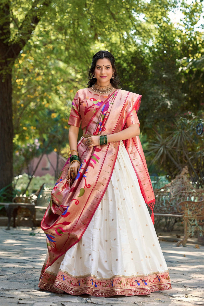 White Color Jacquard Silk Paithani Lehenga With Zari Work Lehenga Choli Set - Ahesas