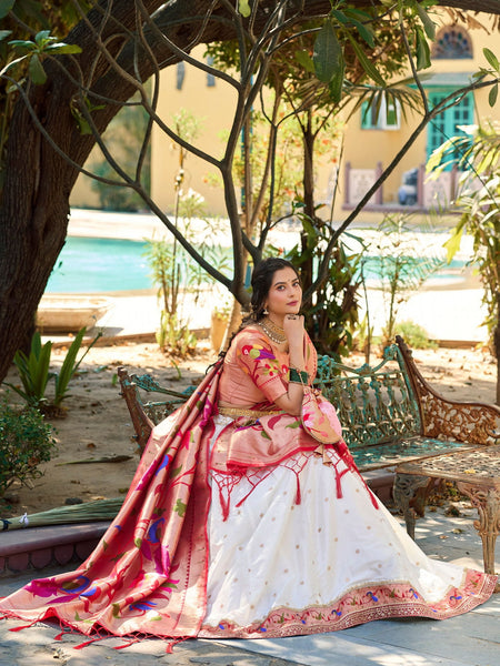 White Color Jacquard Silk Paithani Lehenga With Zari Work Lehenga Choli Set - Ahesas