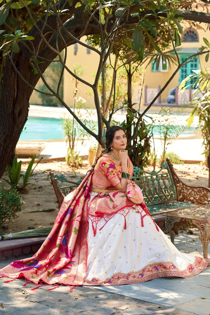 White Color Jacquard Silk Paithani Lehenga With Zari Work Lehenga Choli Set - Ahesas