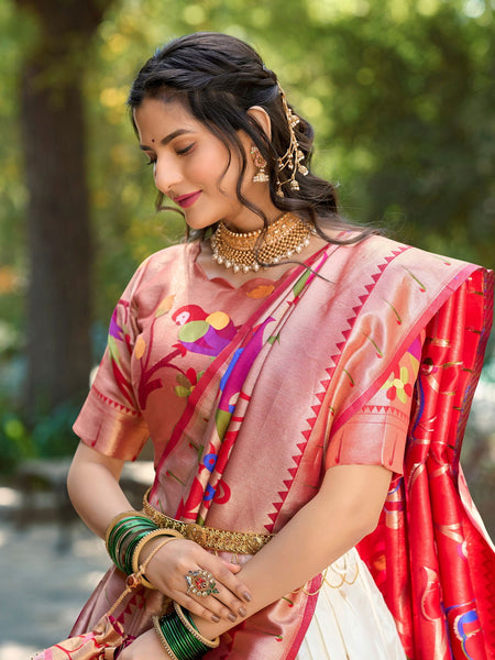 White Color Jacquard Silk Paithani Lehenga With Zari Work Lehenga Choli Set - Ahesas