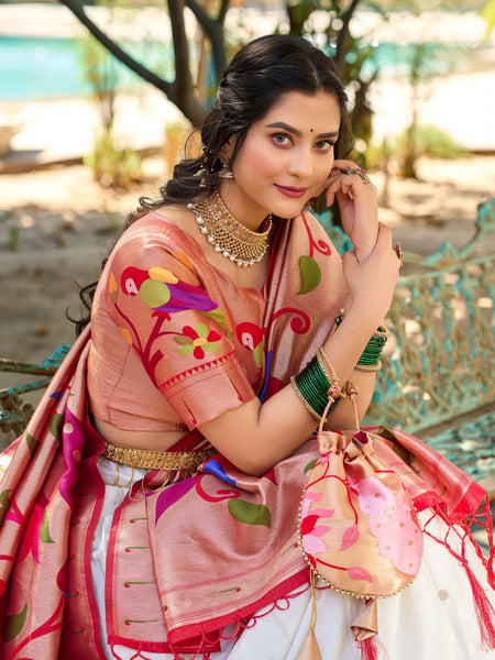 White Color Jacquard Silk Paithani Lehenga With Zari Work Lehenga Choli Set - Ahesas