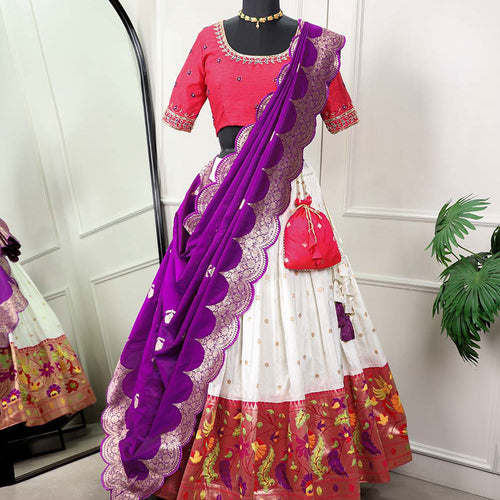 White Color Paithani Silk With Zari Work Wedding Lehenga Choli Set - Ahesas