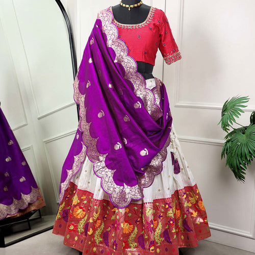 White Color Paithani Silk With Zari Work Wedding Lehenga Choli Set - Ahesas