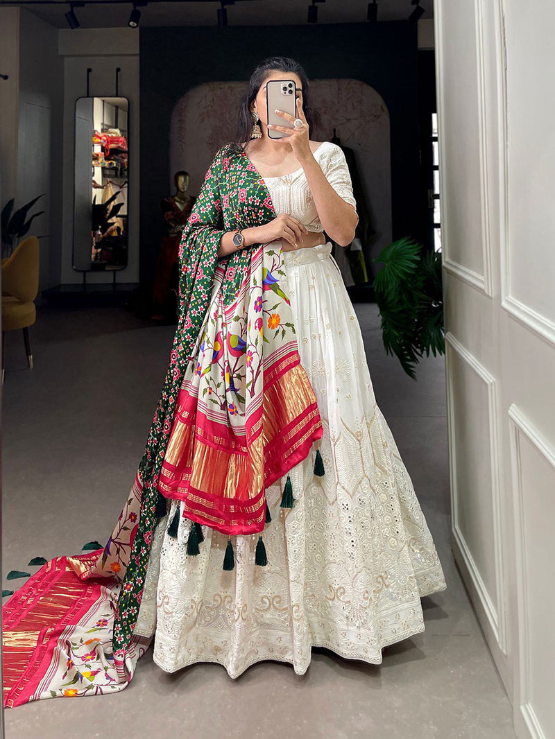 White Color Premium Georgette Lucknowi Sequence Work Wedding Lehenga Set - Ahesas