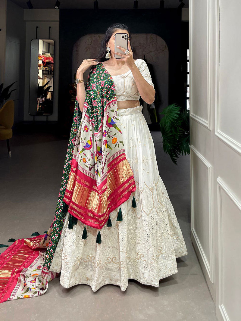 White Color Premium Georgette Lucknowi Sequence Work Wedding Lehenga Set - Ahesas