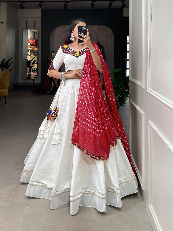 White  Color Pure Cotton With Plain With Gotta Patti Navratri  Special Lehenga Choli Set - Ahesas