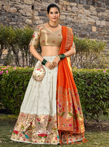 White Color Zari Weaving Work Paithani Special Jacquard Silk Lehenga Choli Set - Ahesas