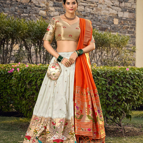 White Color Zari Weaving Work Paithani Special Jacquard Silk Lehenga Choli Set - Ahesas