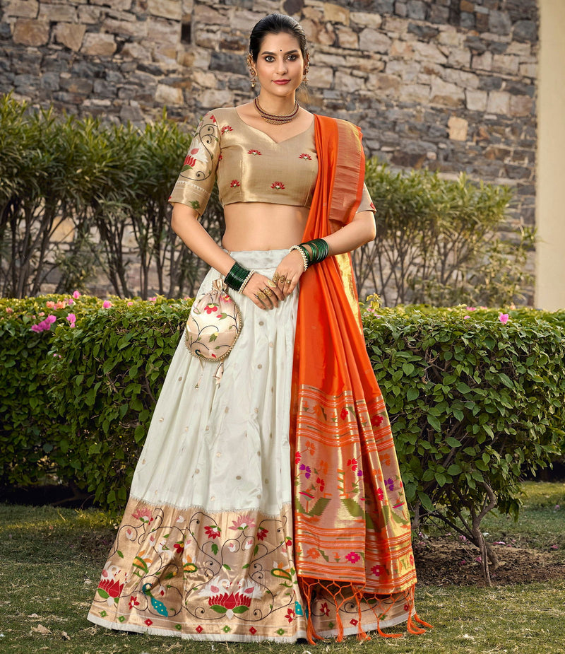 White Color Zari Weaving Work Paithani Special Jacquard Silk Lehenga Choli Set - Ahesas