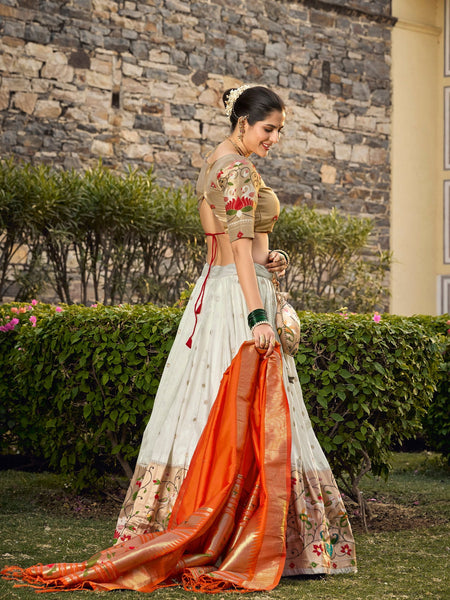 White Color Zari Weaving Work Paithani Special Jacquard Silk Lehenga Choli Set - Ahesas