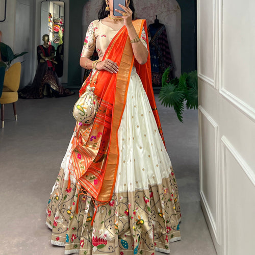White Color Zari Weaving Work Paithani Special Jacquard Silk Lehenga Choli Set - Ahesas
