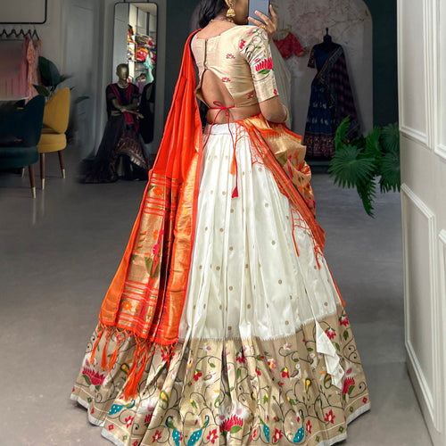 White Color Zari Weaving Work Paithani Special Jacquard Silk Lehenga Choli Set - Ahesas